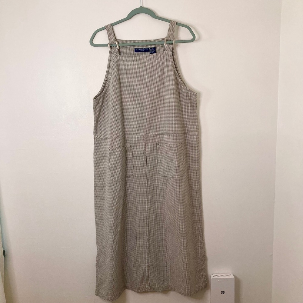 Vtg 90s Brown Gingham 100% Cotton Jumper Dress Mountain Lake PXL Midi Pockets